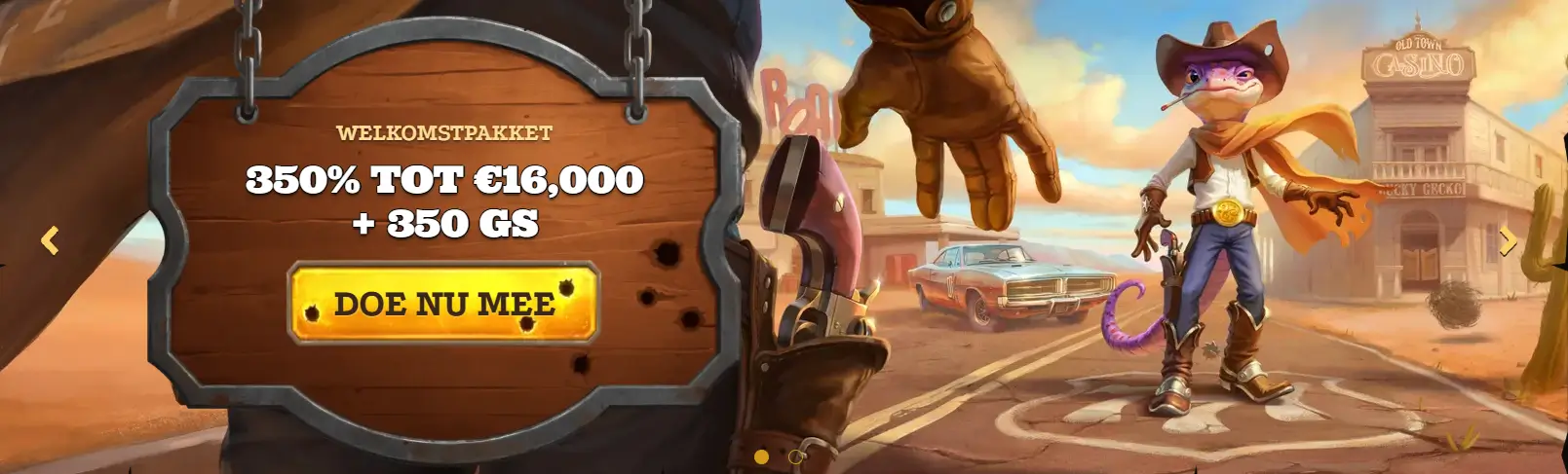 Lizaro Casino desktopbanner met een cowboy-hagedis-mascotte in een western setting en de tekst Welkomstpakket 350% tot €16.000 plus 350 gratisspins