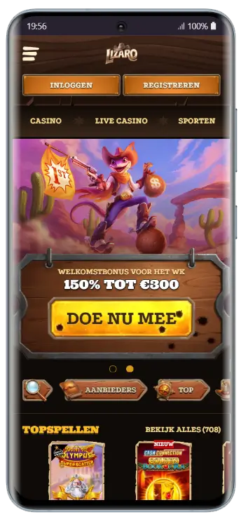 Lizaro Casino mobiele startpagina met een welkomstbonus van 150% tot €300 en navigatiemenu met Casino, Live Casino en Sporten