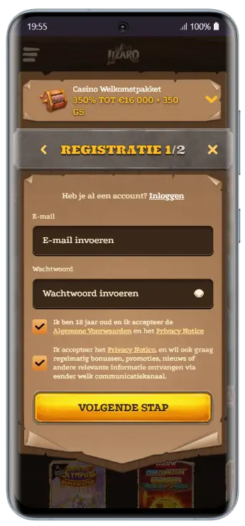Lizaro Casino registratieformulier stap 1 van 2 op mobiel met invoervelden voor e-mail en wachtwoord en een knop Volgende Stap