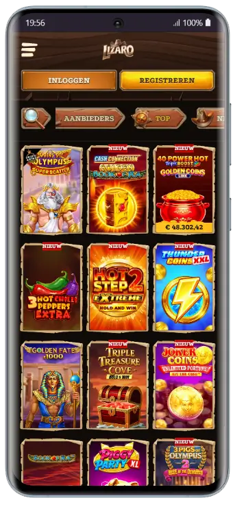 Lizaro Casino mobiele app met een overzicht van casinospellen in een raster, waaronder Gates of Olympus, Hot Step 2 Extreme en Thunder Coins XXL