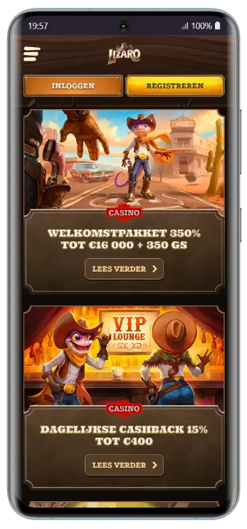 Lizaro Casino desktopbanner met een cowboy-hagedis-mascotte in een western setting en de tekst Welkomstpakket 350% tot €16.000 plus 350 gratisspins